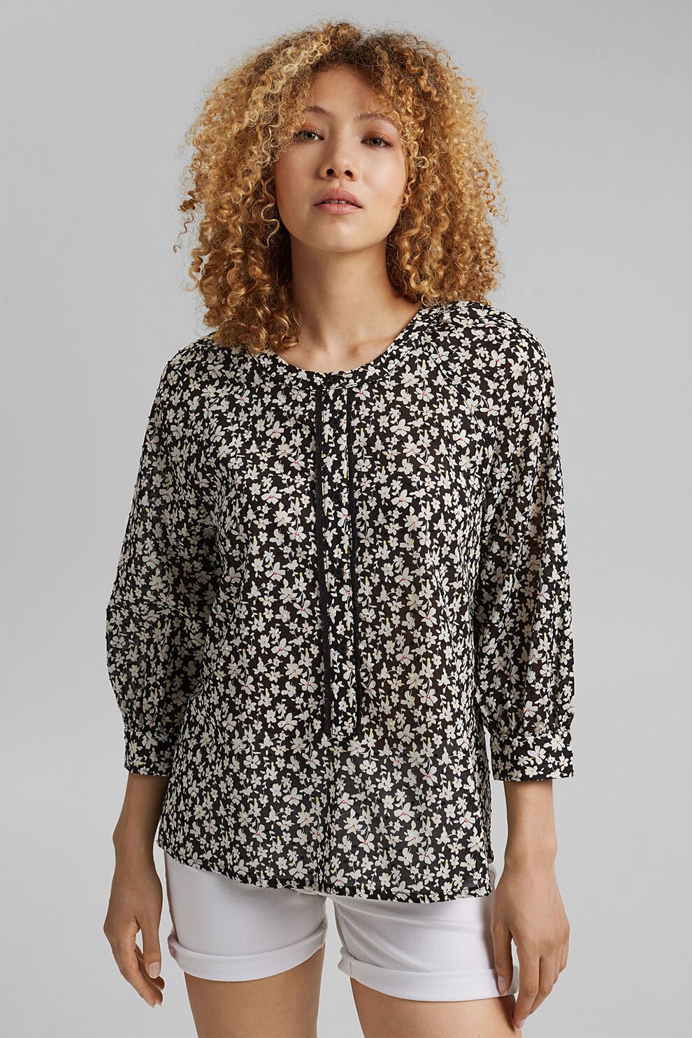 EDC by Esprit, Bluza cu imprimeu si fenta cu nasturi, Negru/Alb, M