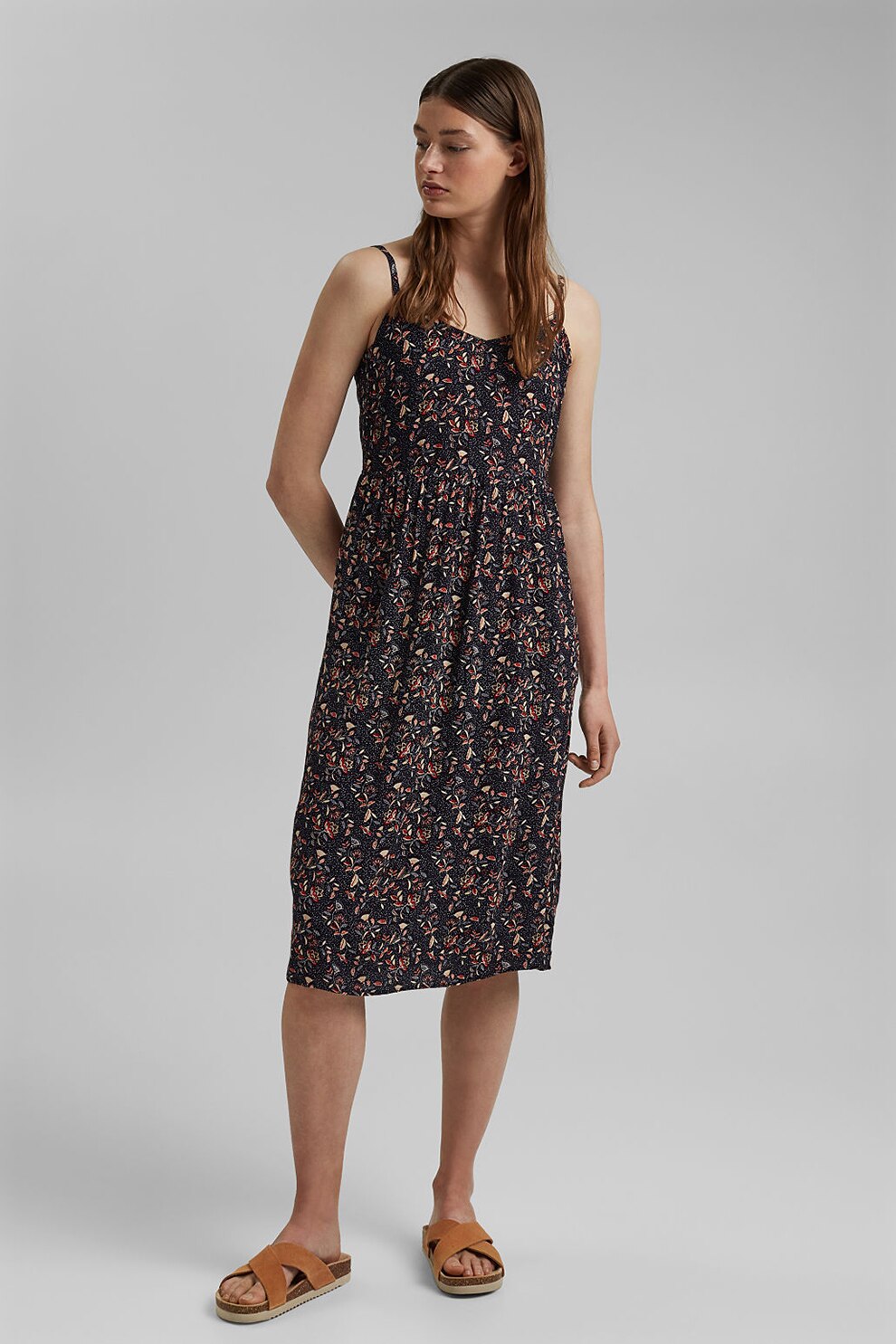 EDC by Esprit, Rochie cu model floral si decupaj pe partea din spate, Bleumarin/Rosu