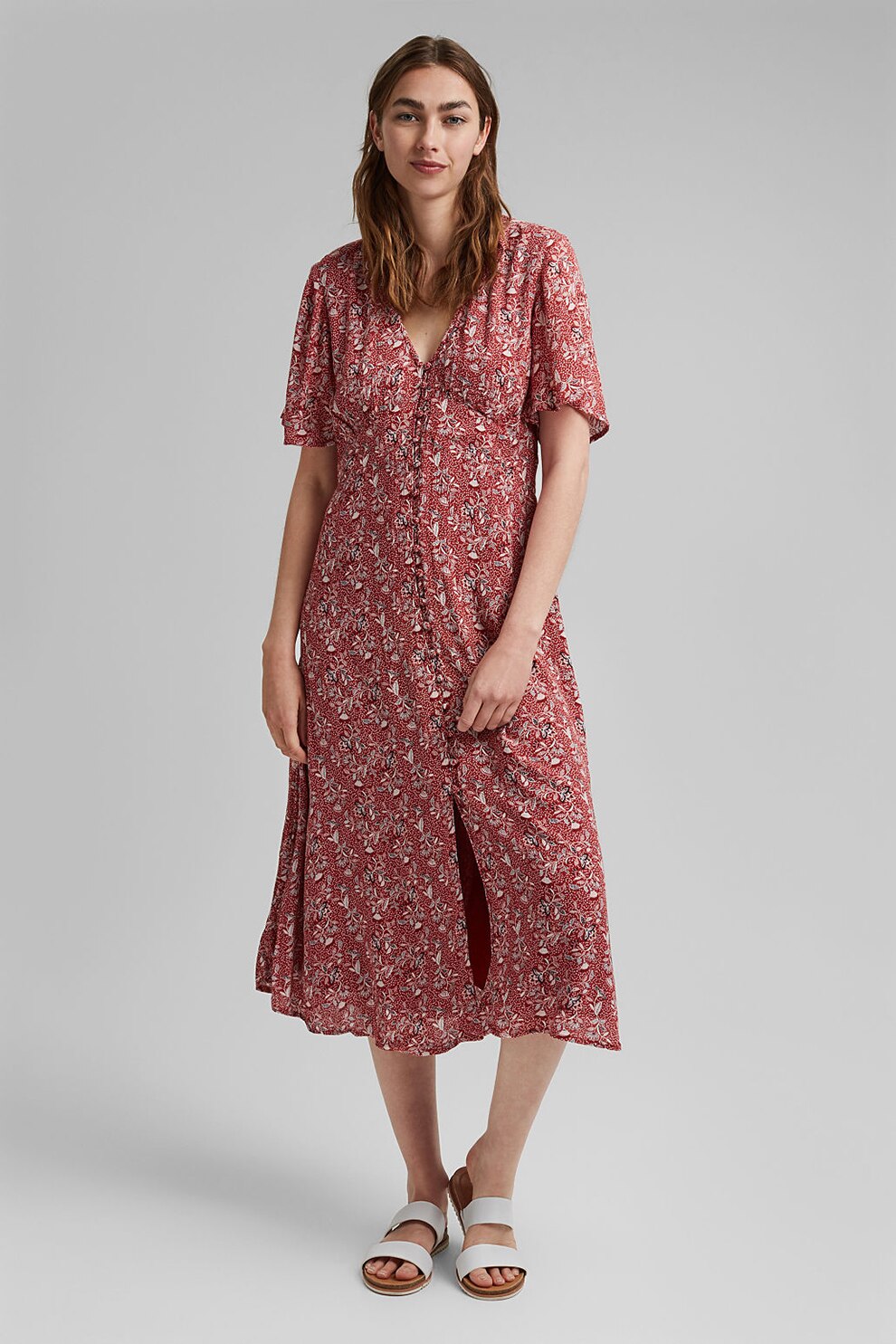 EDC by Esprit, Rochie midi cu model floral, Rosu caramiziu