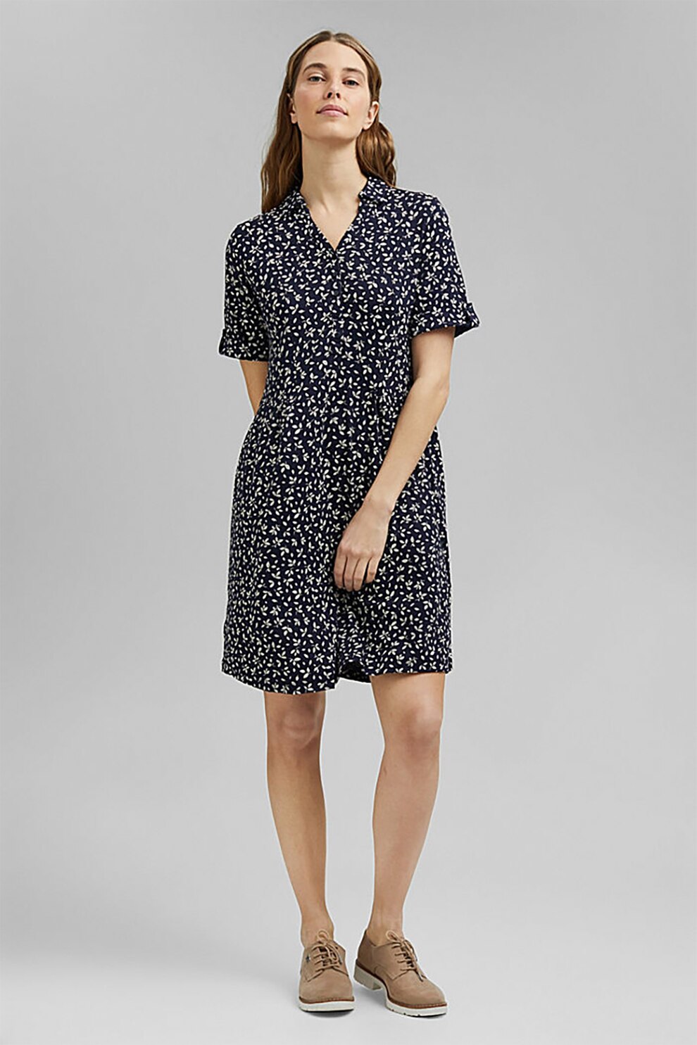 Esprit, Rochie evazata cu imprimeu floral, Bleumarin/Alb
