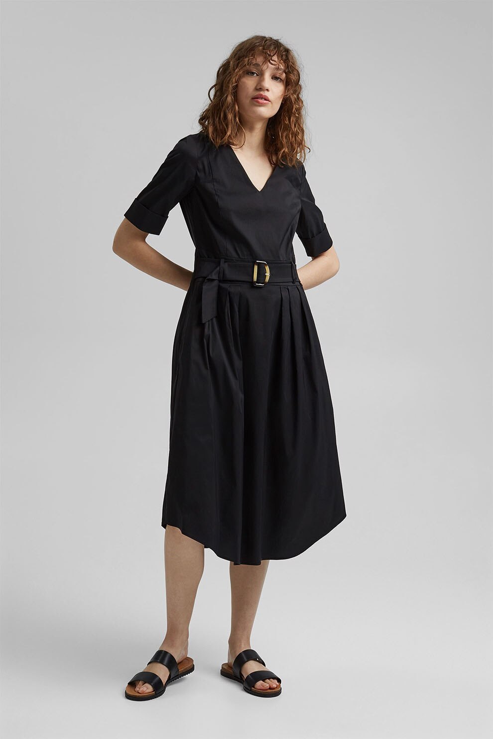 Esprit, Rochie midi evazata cu decolteu in V, Negru