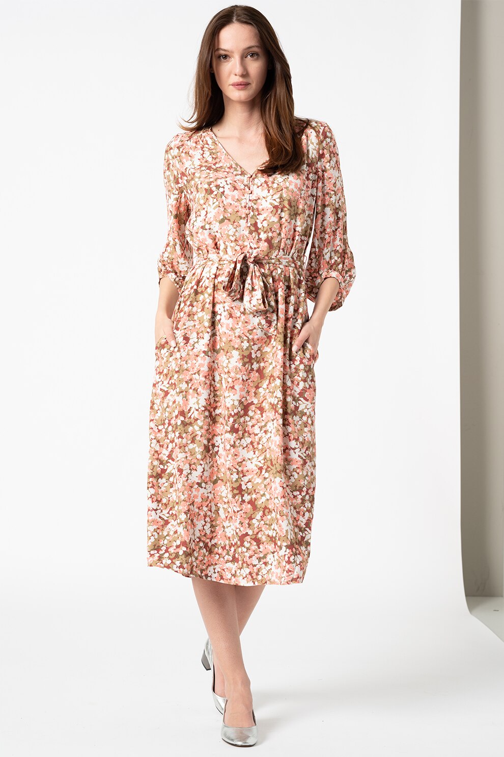 Esprit, Rochie cu decolteu in V, imprimeu si cordon in talie, Multicolora