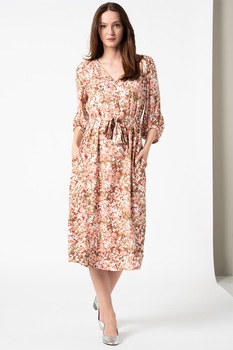 Esprit, Rochie cu decolteu in V, imprimeu si cordon in talie, Multicolora Esprit, Rochie cu decolteu in V, imprimeu si cordon in talie, Multicolora