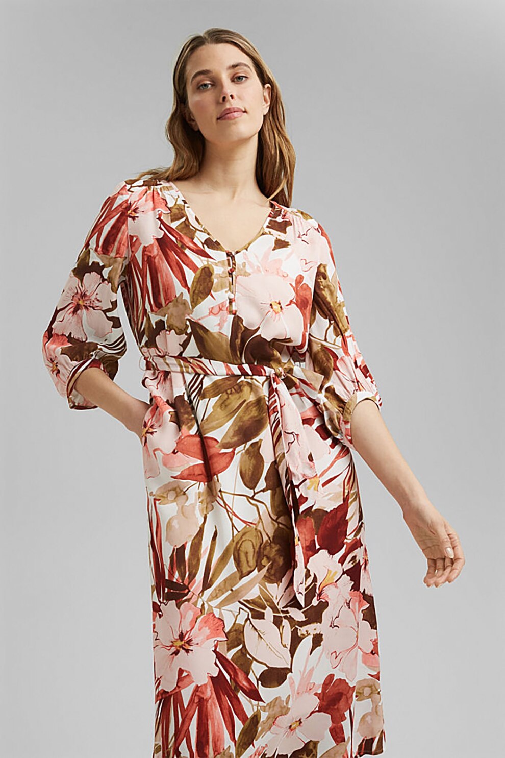 Esprit, Rochie cu decolteu in V, imprimeu si cordon in talie, Roz/Maro/Rosu