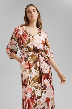 Esprit, Rochie cu decolteu in V, imprimeu si cordon in talie, Roz/Maro/Rosu Esprit, Rochie cu decolteu in V, imprimeu si cordon in talie, Roz/Maro/Rosu