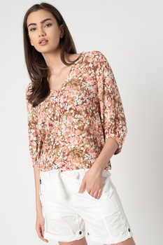 Esprit, Bluza cu decolteu in V si imprimeu, Corai/Verde/Alb Esprit, Bluza cu decolteu in V si imprimeu, Corai/Verde/Alb