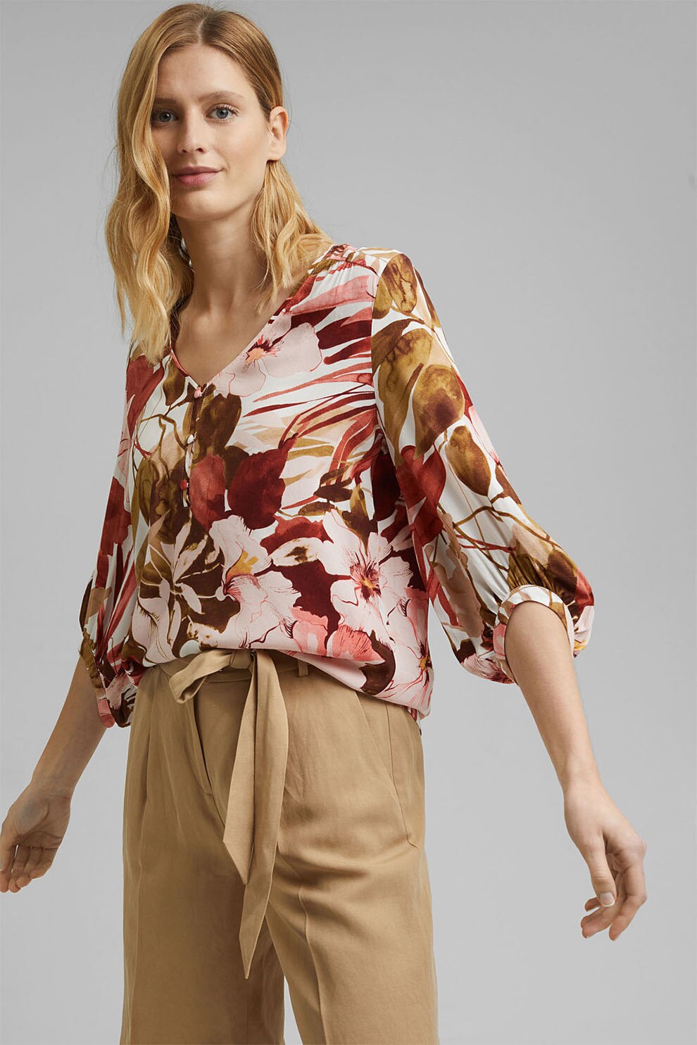 Esprit, Bluza cu decolteu in V si imprimeu, Multicolora