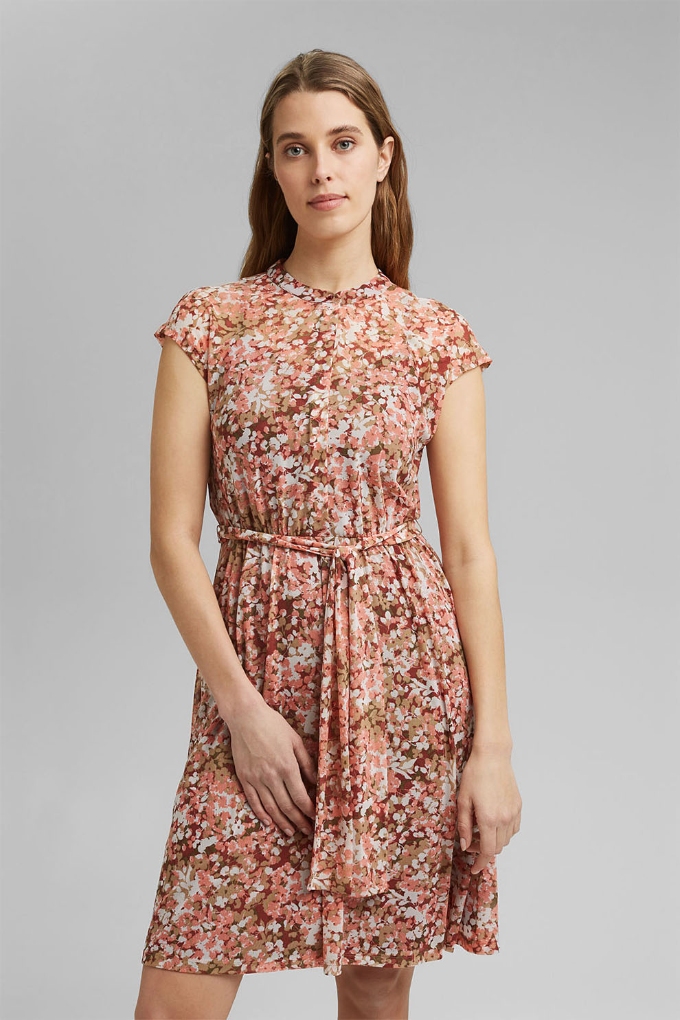 Esprit, Rochie evazata cu imprimeu si cordon in talie, Multicolora