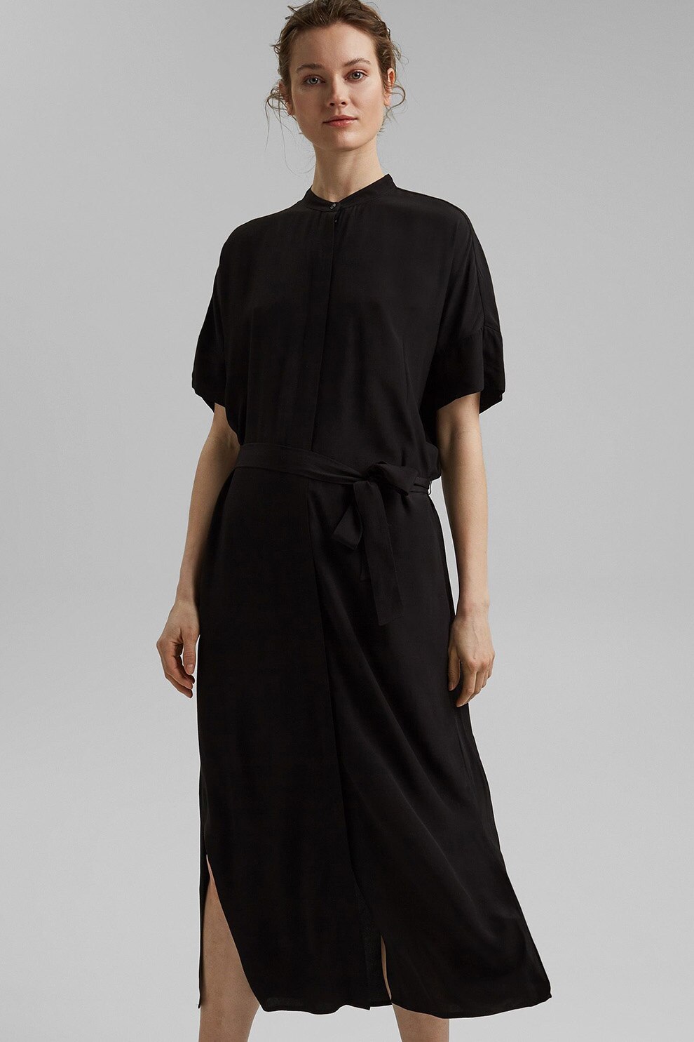 Esprit, Rochie-camasa vaporoasa cu slituri laterale, Negru