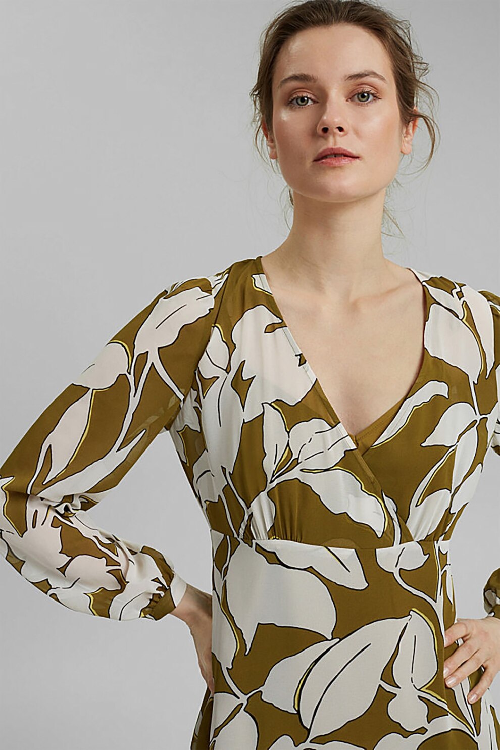 Esprit, Rochie maxi cu imprimeu floral, Alb prafuit/verde oliv