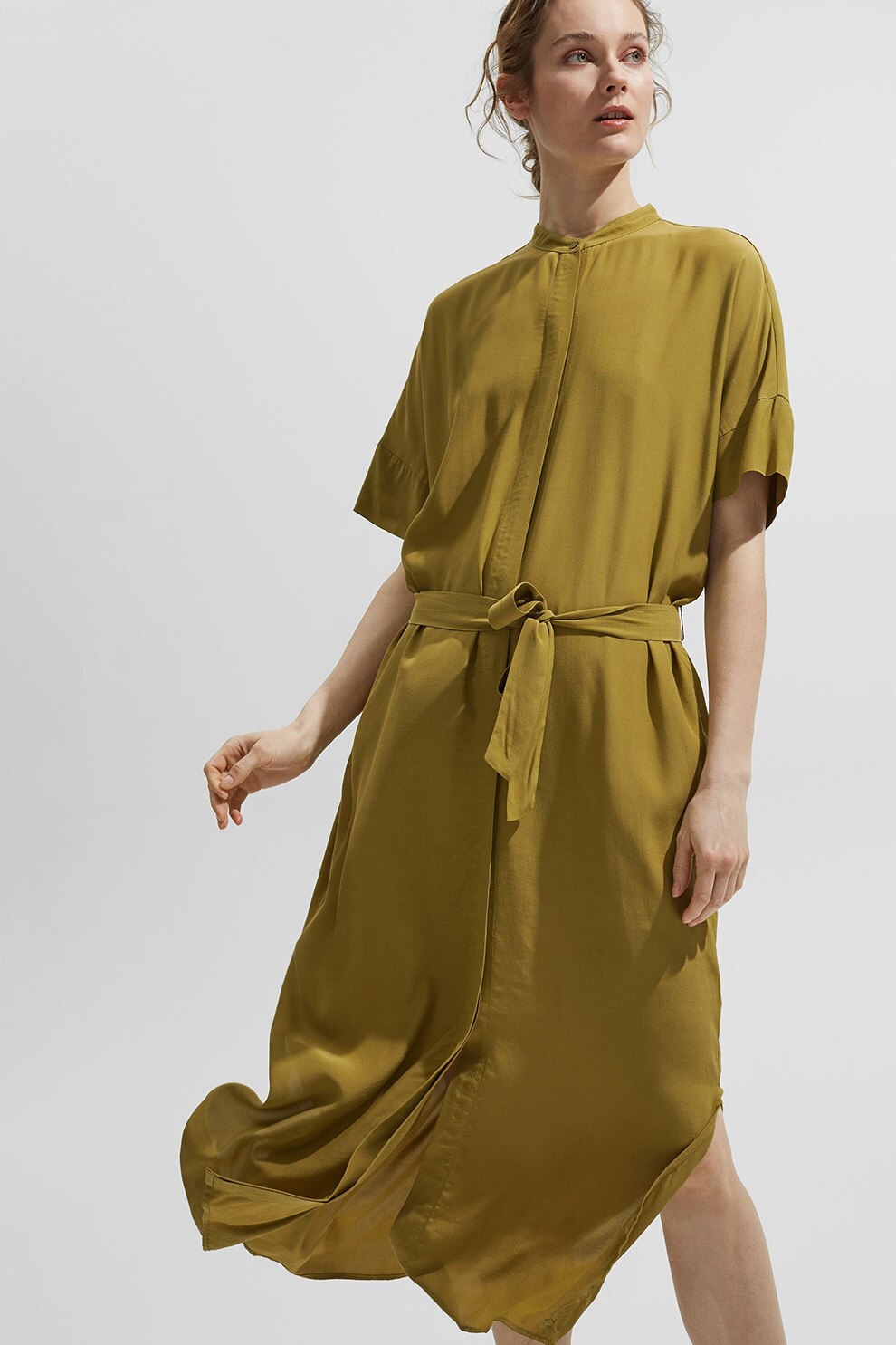 Esprit, Rochie-camasa vaporoasa cu slituri laterale, Verde oliv