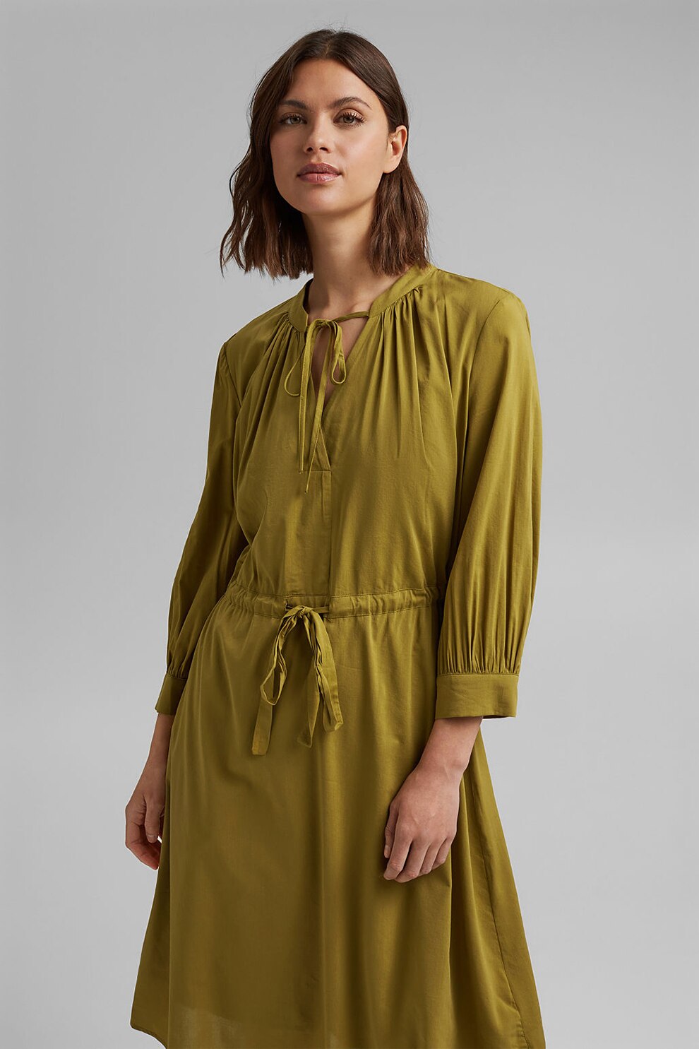 Esprit, Rochie midi evazata cu talie ajustabila, Verde oliv
