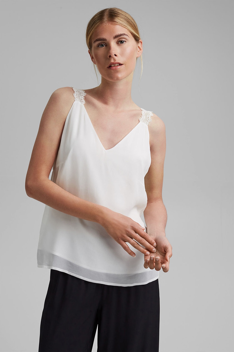 Esprit, Top cu decolteu in V si insertii din dantela, Alb