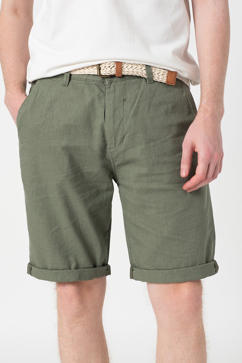 Esprit, Bermude chino din amestec de in cu o curea si terminatii rasucite, Verde sparanghel