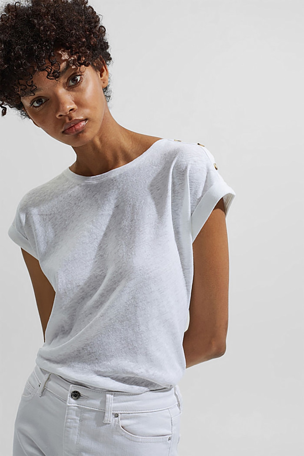 EDC by Esprit, Tricou din amestec de in cu nasturi decorativi, Alb