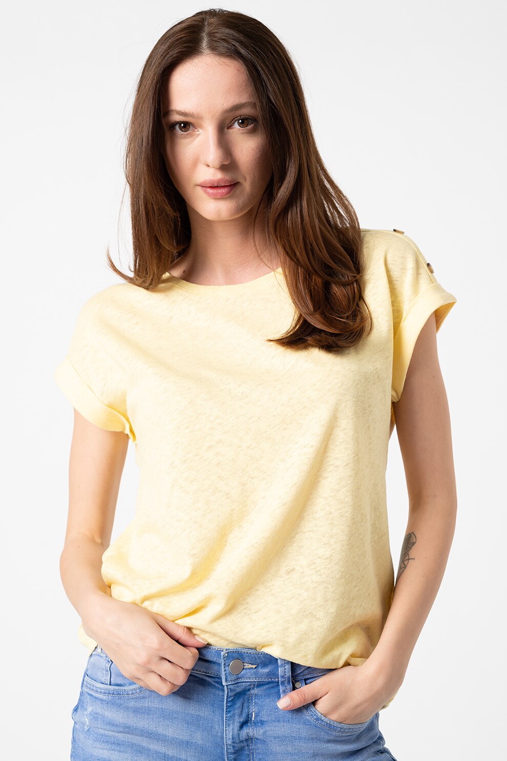 EDC by Esprit, Tricou din amestec de in cu nasturi decorativi, Galben