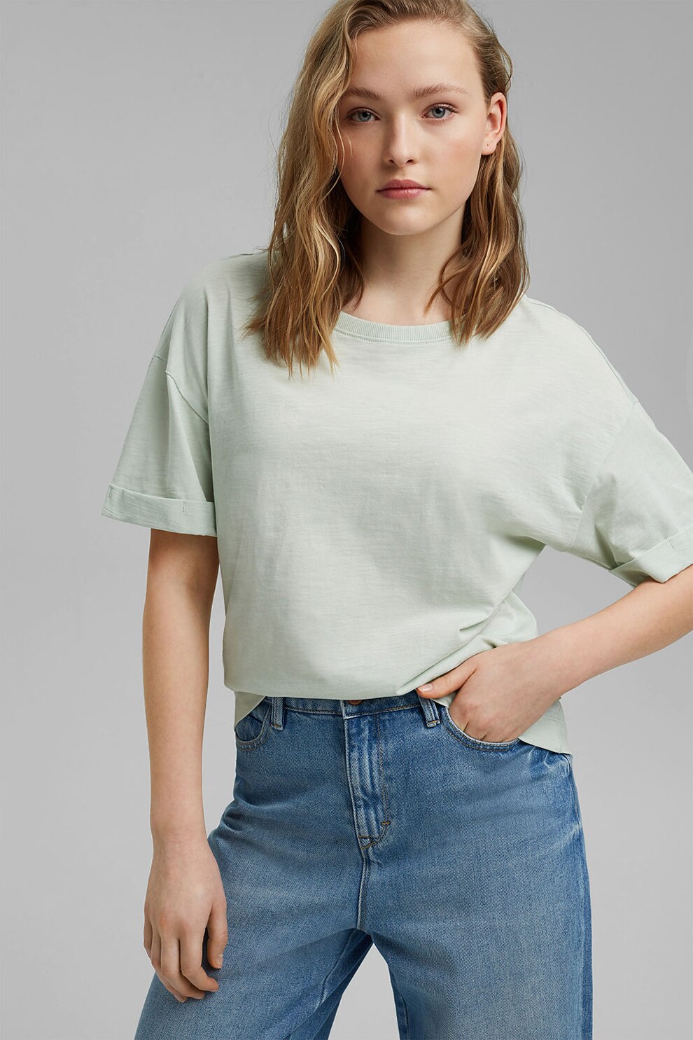 EDC by Esprit, Tricou lejer de bumbac organic cu maneci cazute, 031CC1K328, Verde pal