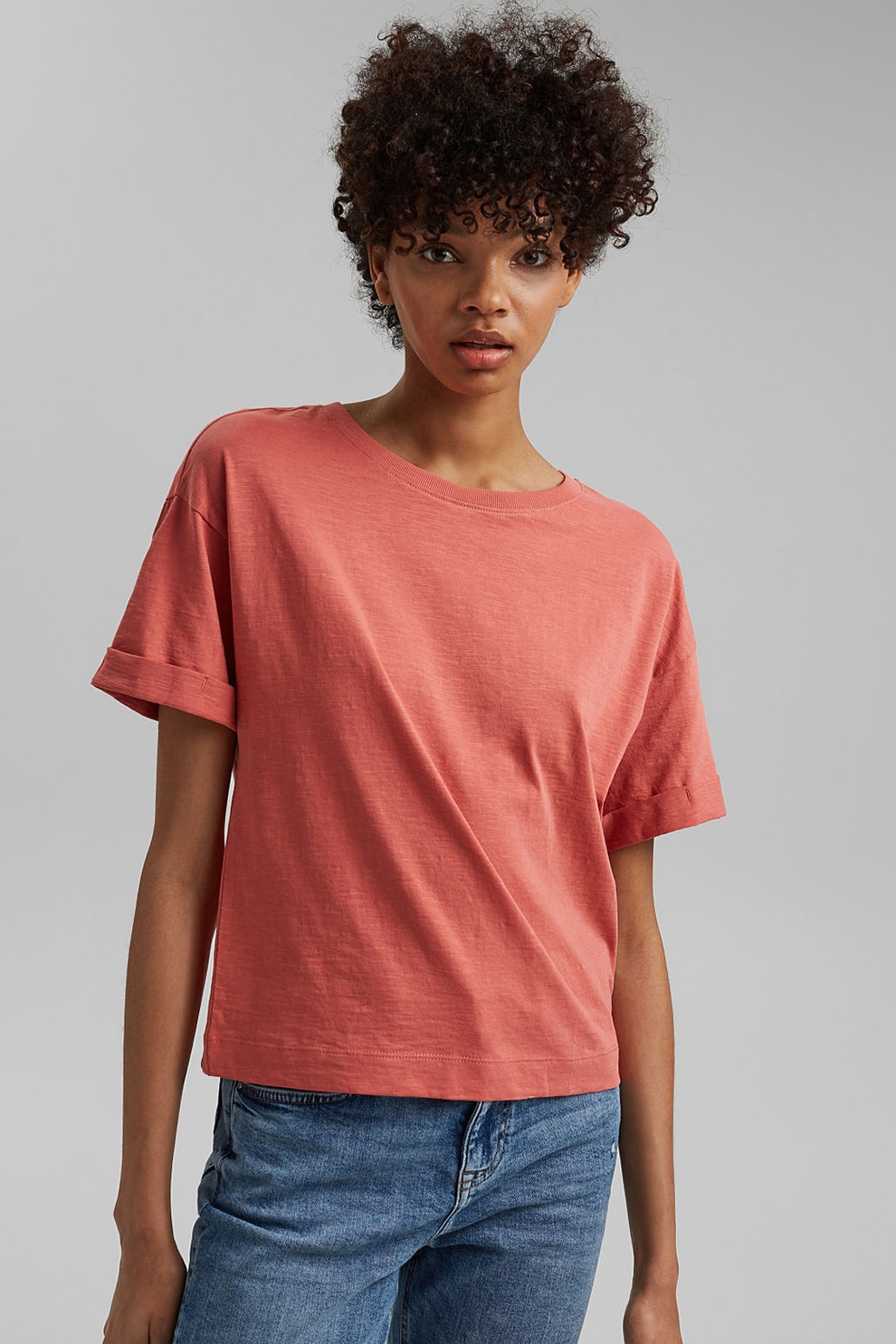 EDC by Esprit, Tricou lejer de bumbac organic cu maneci cazute, 031CC1K328, Corai