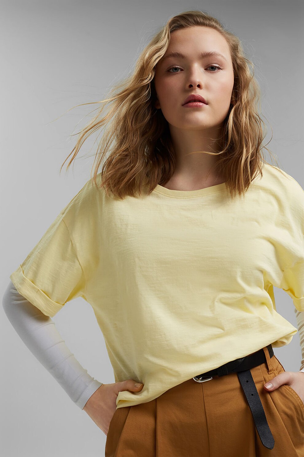 EDC by Esprit, Tricou lejer de bumbac organic cu maneci cazute, 031CC1K328, Galben pai