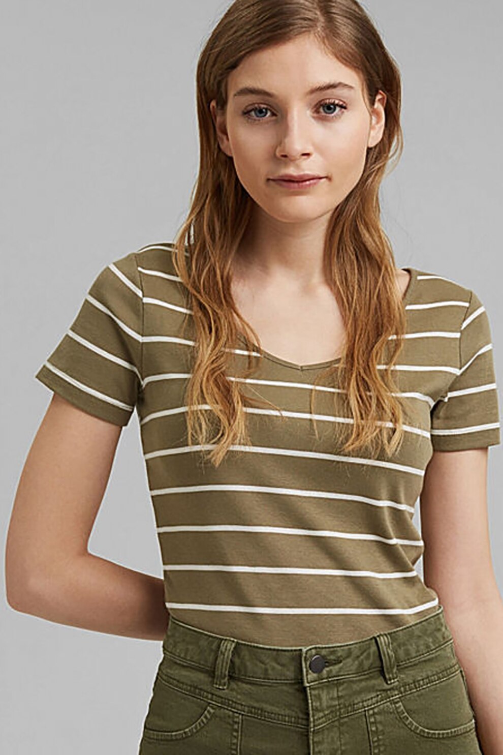 EDC by Esprit, Tricou de bumbac organic cu dungi, Verde oliv