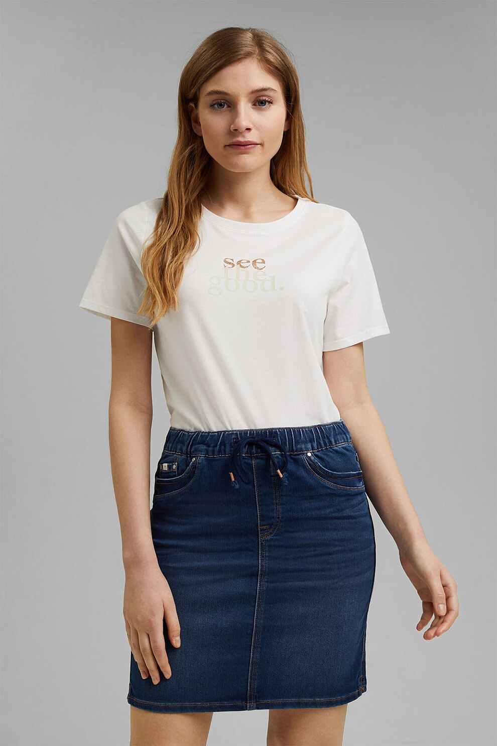EDC by Esprit, Tricou de bumbac organic cu imprimeu text, Alb