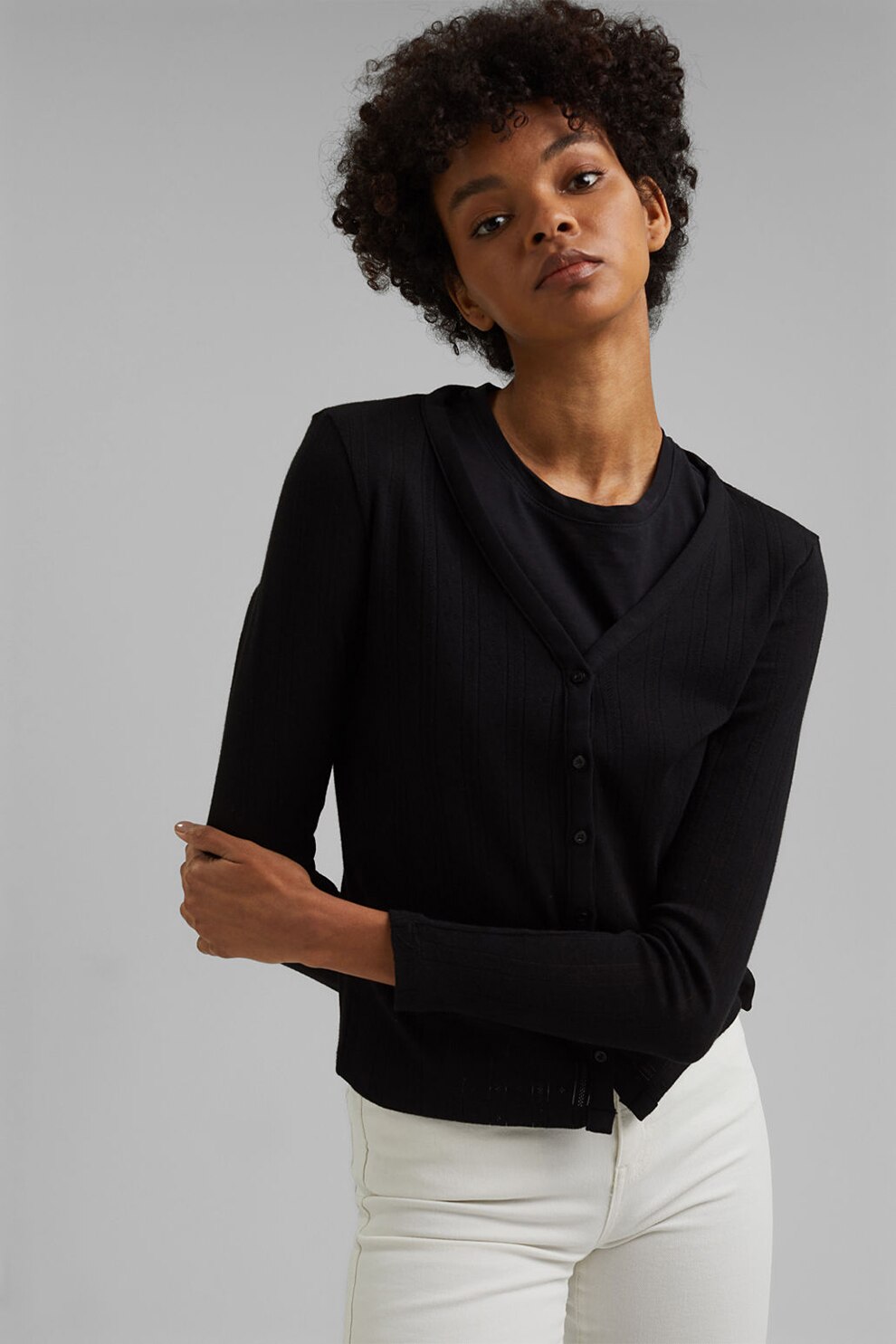 EDC by Esprit, Bluza de bumbac organic cu decolteu in V, Negru