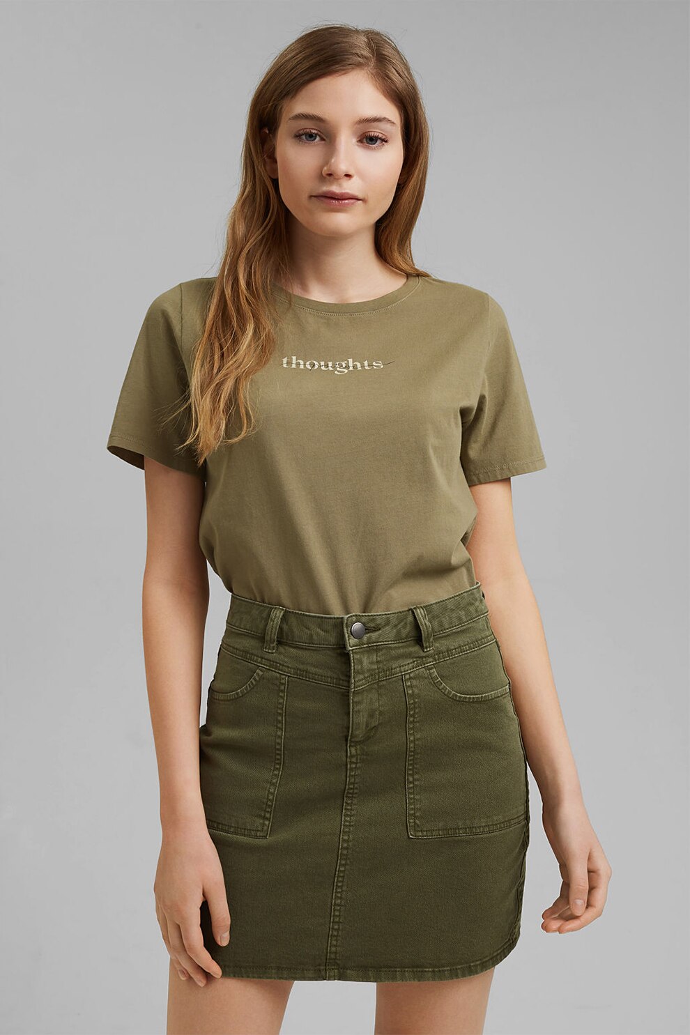 EDC by Esprit, Tricou de bumbac organic cu imprimeu text, Verde sparanghel