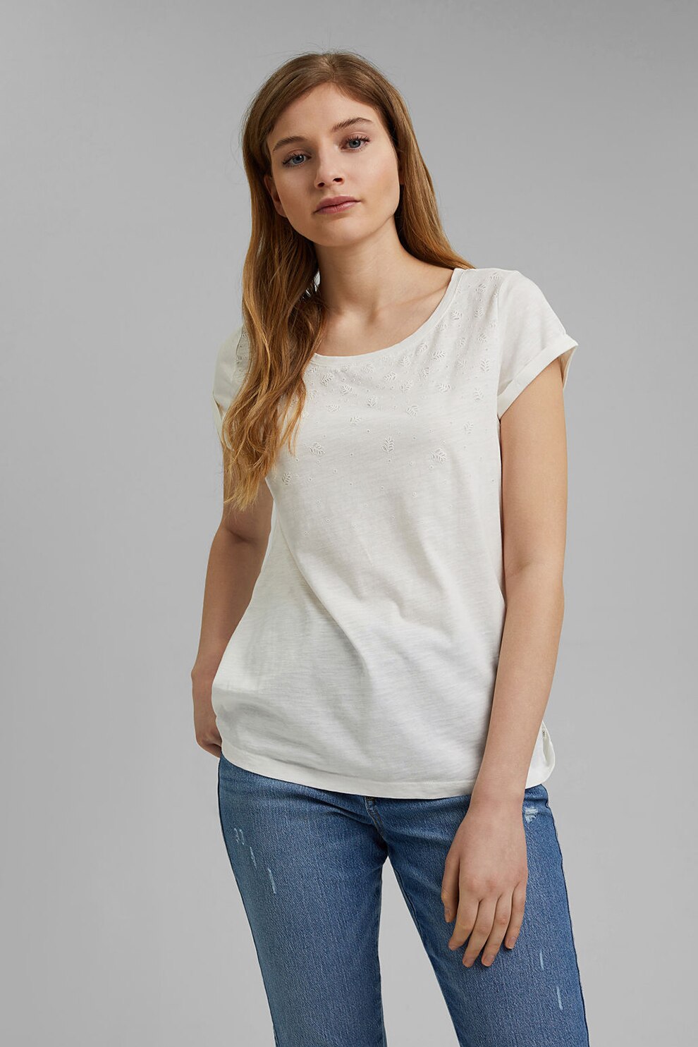 EDC by Esprit, Tricou din amestec de bumbac organic cu detalii brodate, Alb