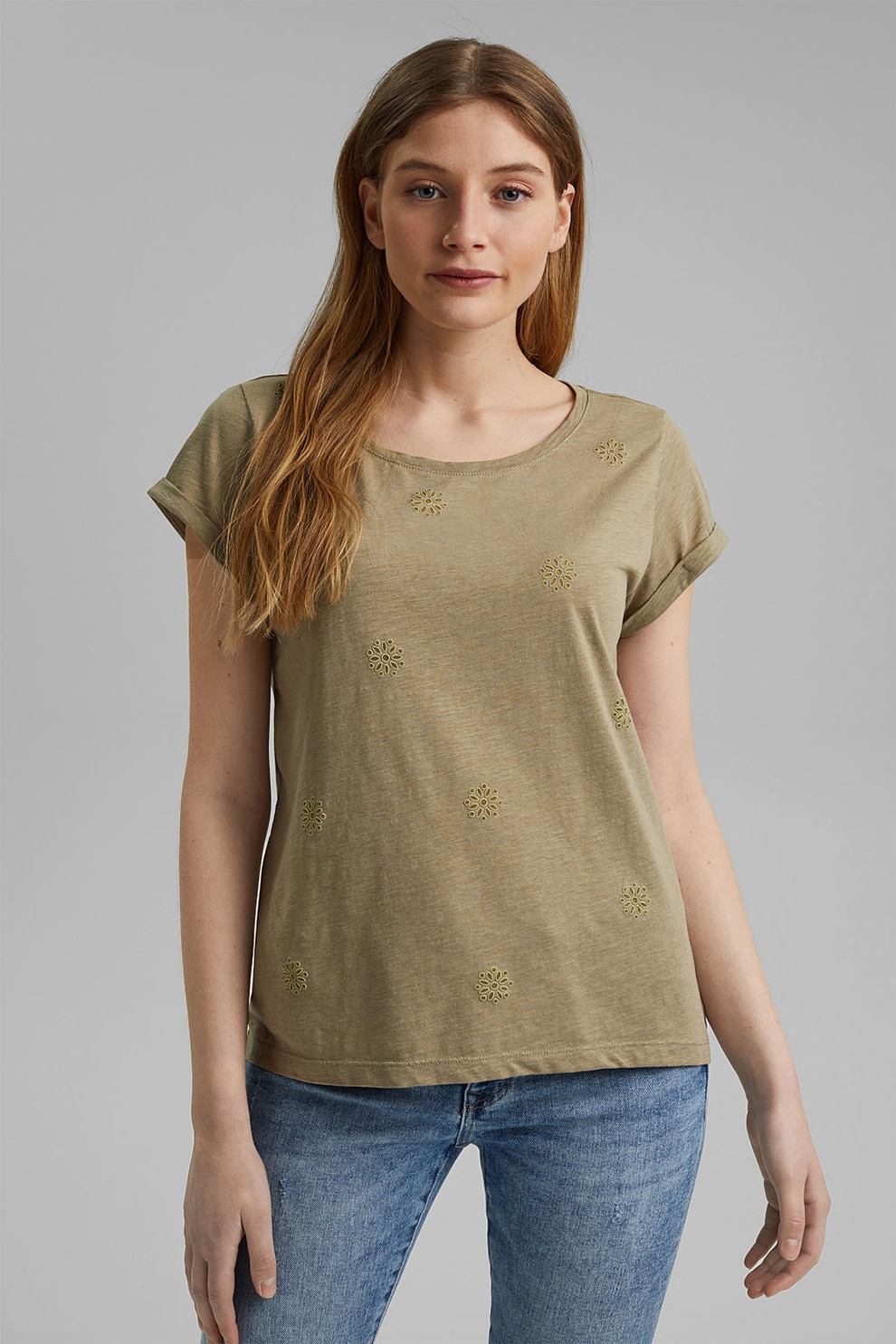 EDC by Esprit, Tricou din amestec de bumbac organic cu detalii brodate, Verde sparanghel