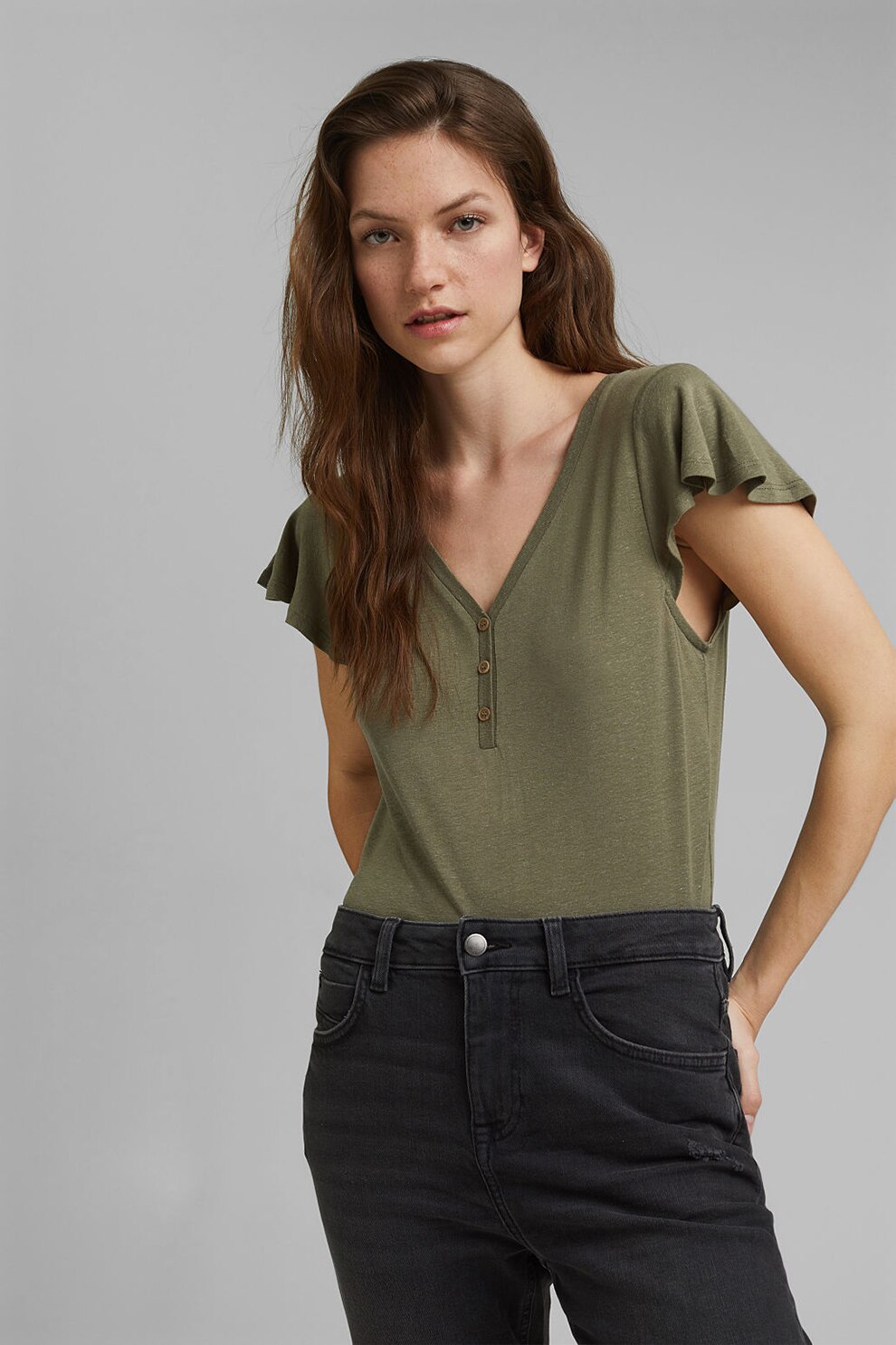 EDC by Esprit, Tricou din amestec de in cu fenta scurta cu nasturi, Verde sparanghel