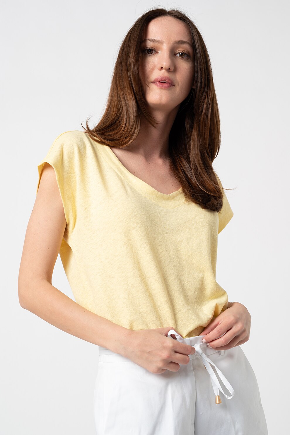 EDC by Esprit, Tricou din amestec de in cu nasturi pe partea din spate, Galben