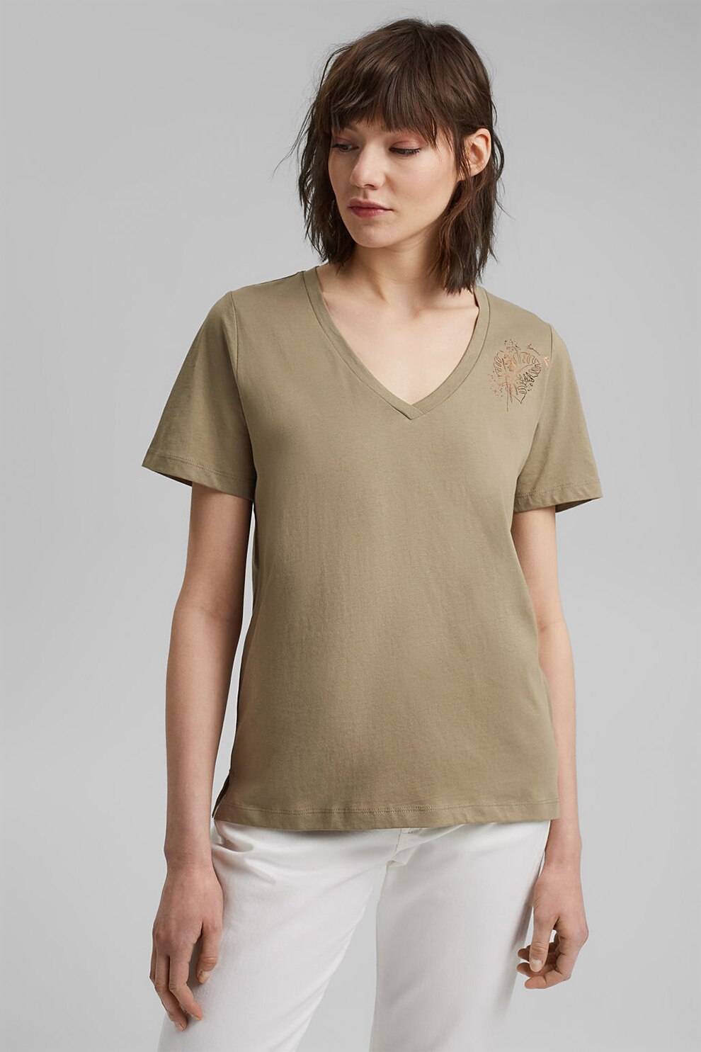 EDC by Esprit, Tricou din bumbac organic cu decolteu in V, Taupe