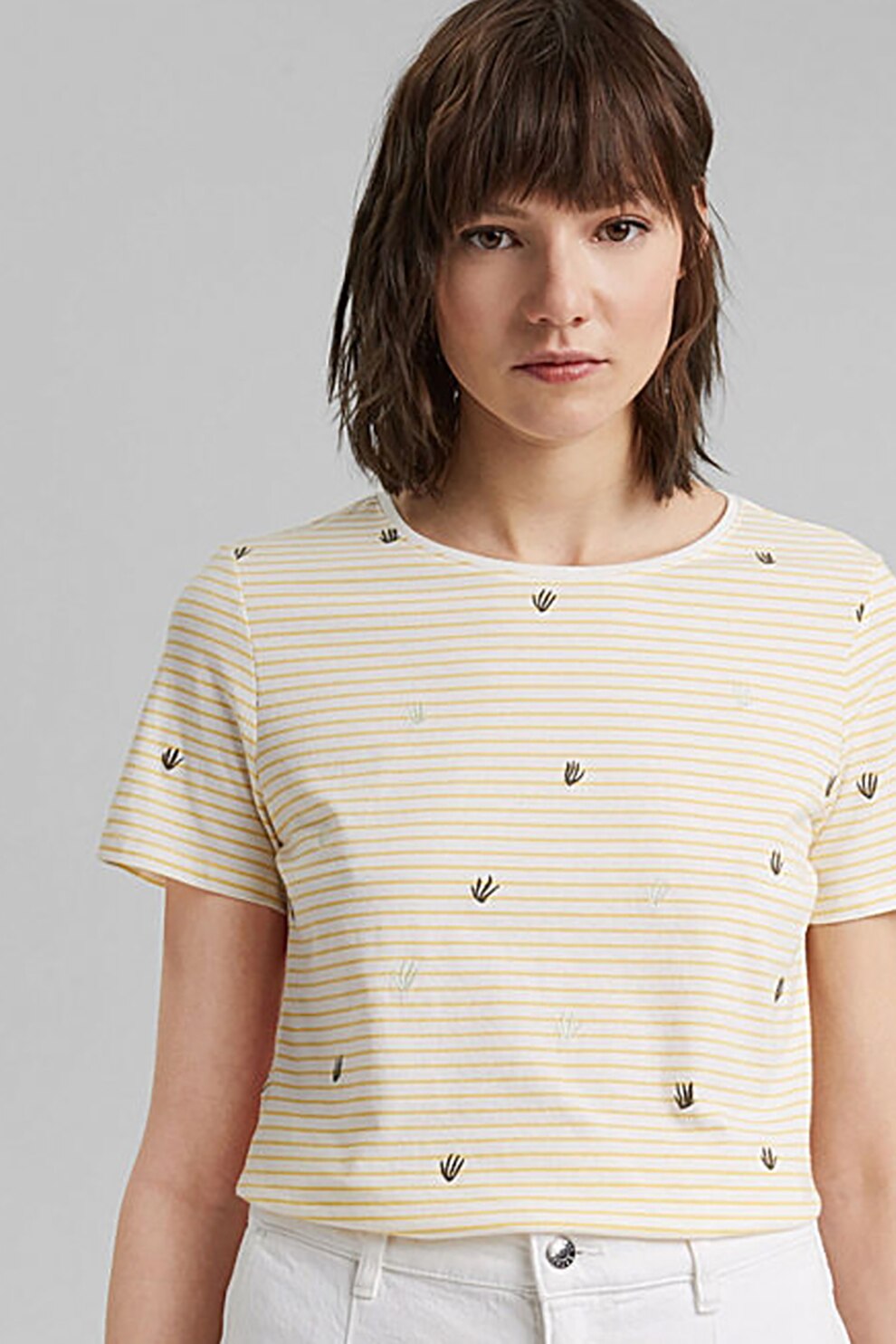 EDC by Esprit, Tricou din amestec de bumbac organic cu dungi si broderii, galben pal