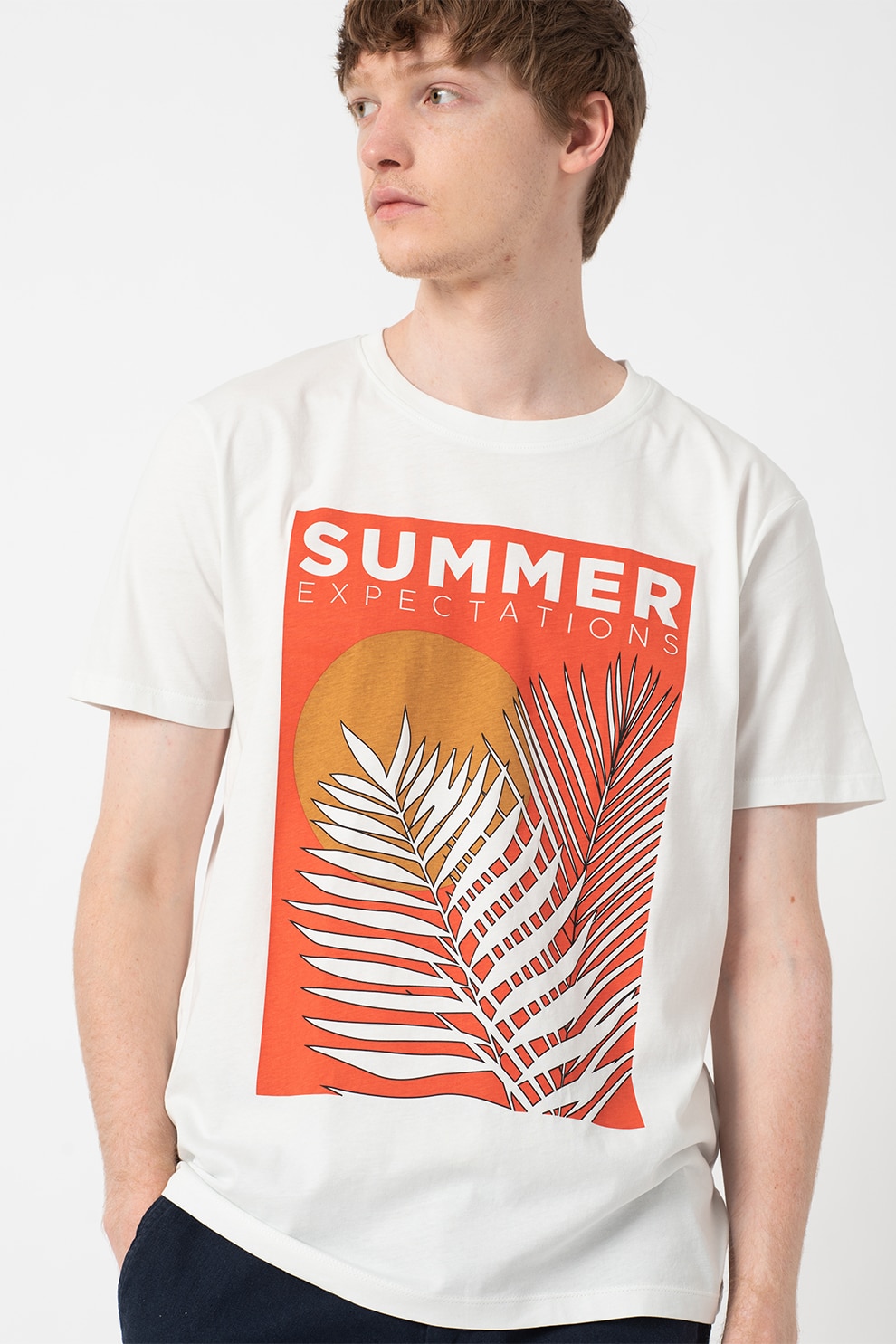 EDC by Esprit, Tricou de bumbac organic cu imprimeu grafic, Alb/Rosu