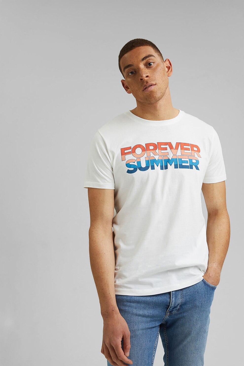 EDC by Esprit, Tricou din bumbac organic cu imprimeu text, Alb