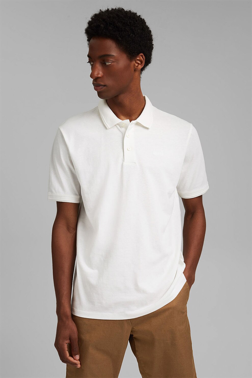 Esprit, Tricou polo slim fit din amestec de in si bumbac organic, Alb prafuit