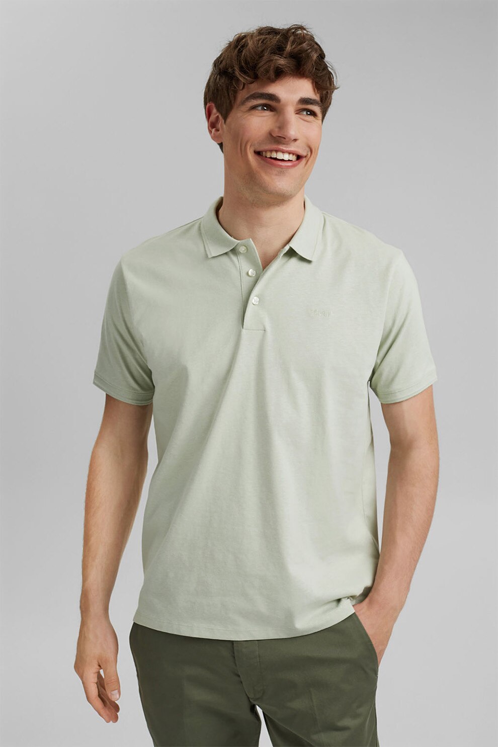 Esprit, Tricou polo slim fit din amestec de in si bumbac organic, Verde pal