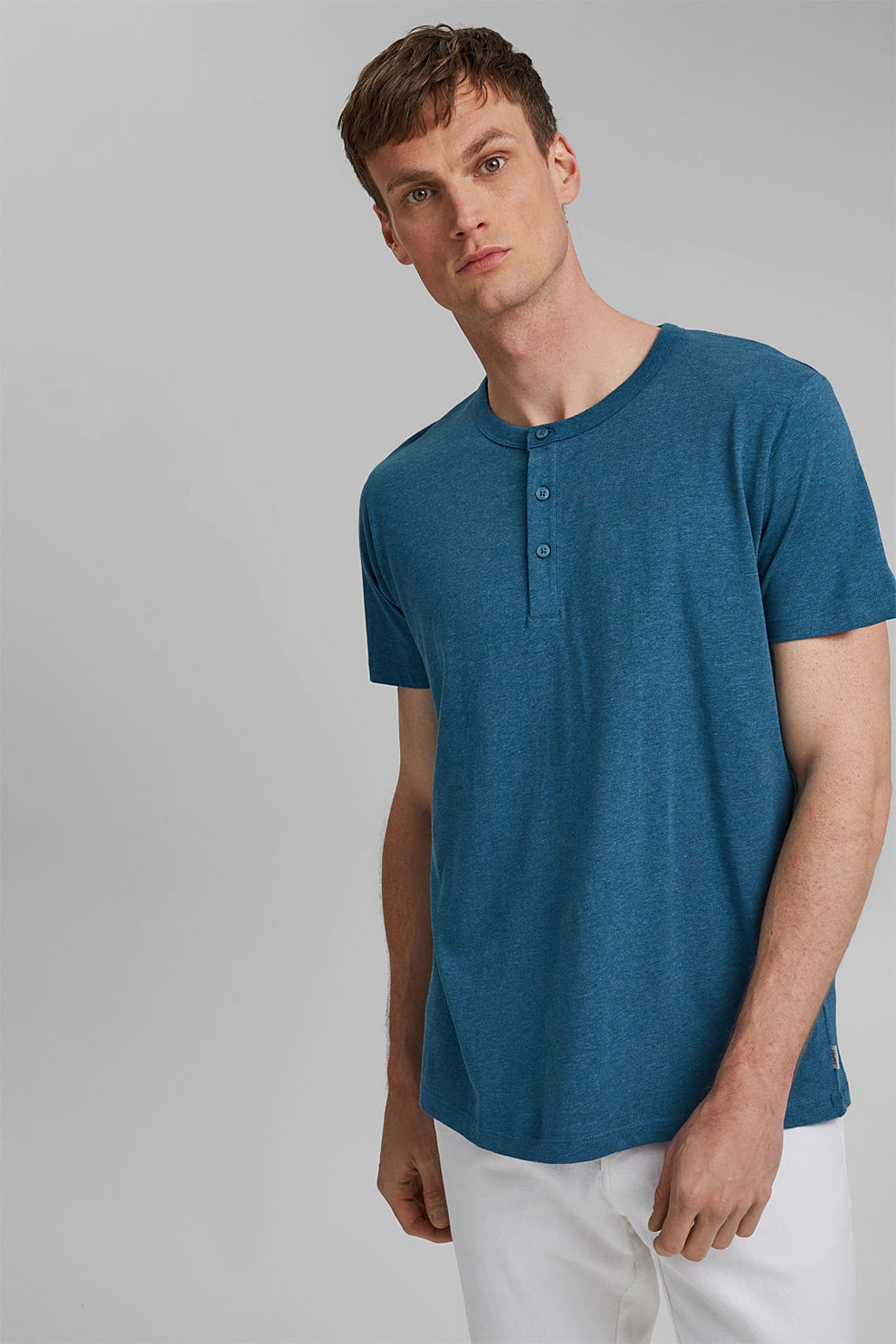 Esprit, Tricou de bumbac organic cu fenta cu nasturi, Albastru petrol