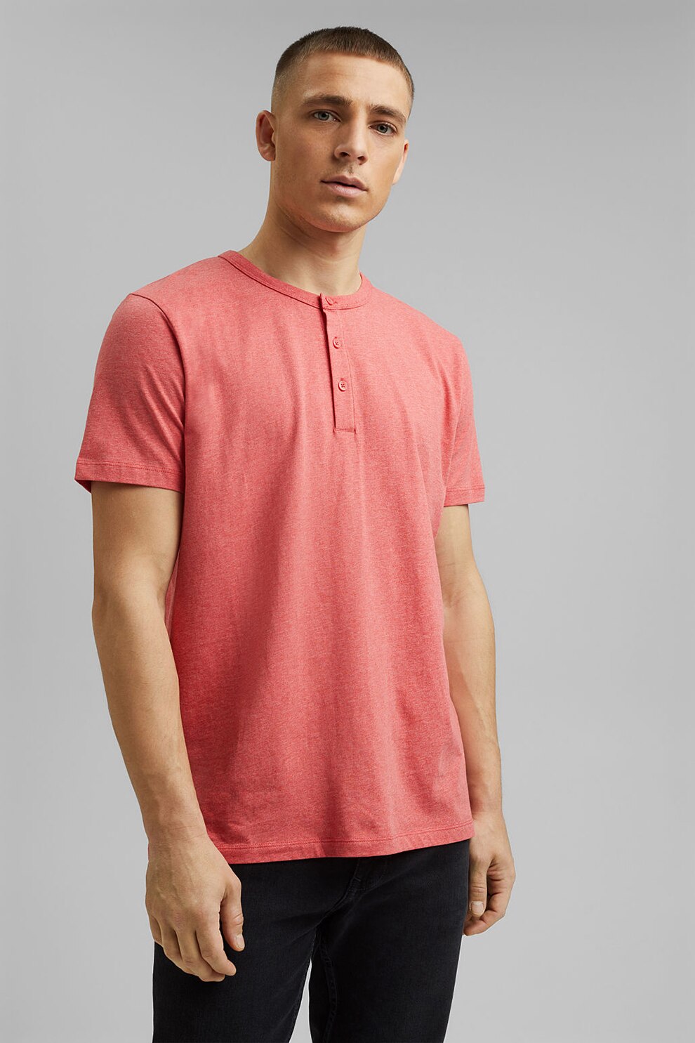 Esprit, Tricou de bumbac organic cu fenta cu nasturi, Corai