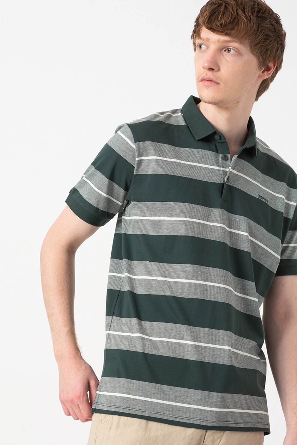 Esprit, Tricou polo de bumbac organic cu dungi, Verde forest/Gri/Alb