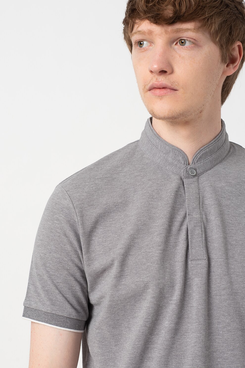 Esprit, Tricou slim fit cu guler tip tunica, Gri melange