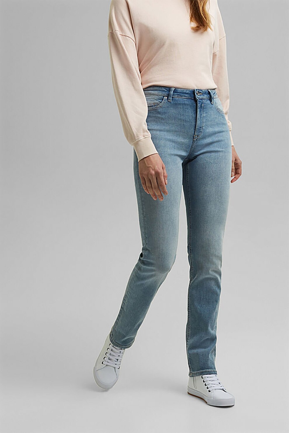 Esprit, Blugi din amestec de bumbac organic cu talie inalta, Albastru