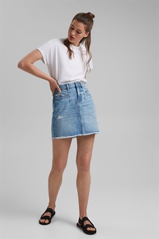 EDC by Esprit, Fusta din denim cu terminatii franjurate, Albastru deschis EDC by Esprit, Fusta din denim cu terminatii franjurate, Albastru deschis