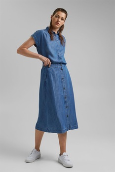 EDC by Esprit, Fusta midi din material chambray, Albastru, M EDC by Esprit, Fusta midi din material chambray, Albastru, M