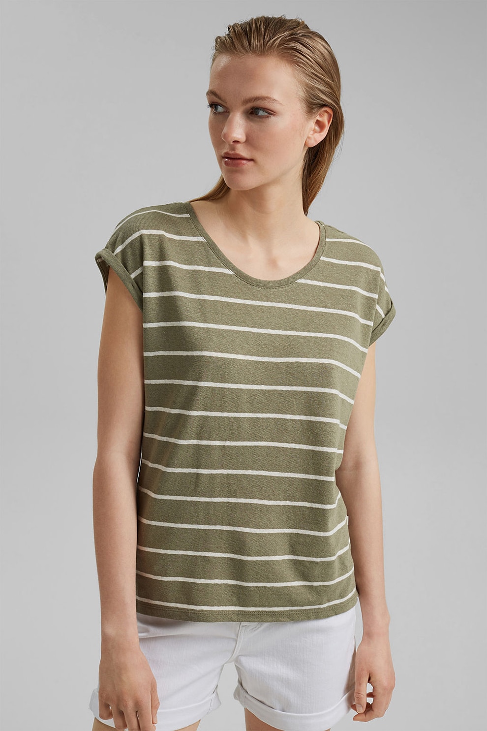 EDC by Esprit, Tricou din amestec de in in dungi, Verde militar/ Alb