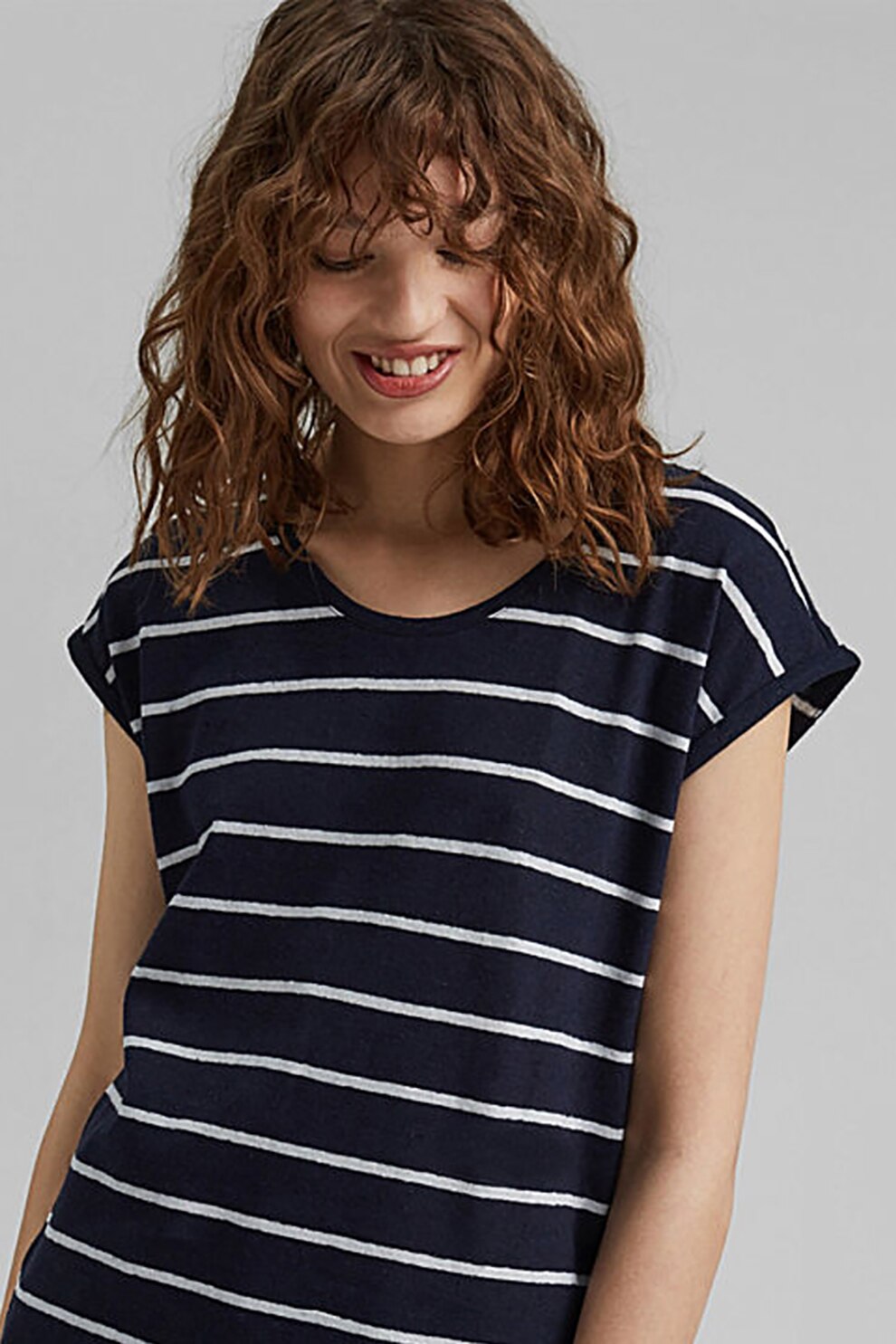 EDC by Esprit, Tricou din amestec de in in dungi, Bleumarin/Alb