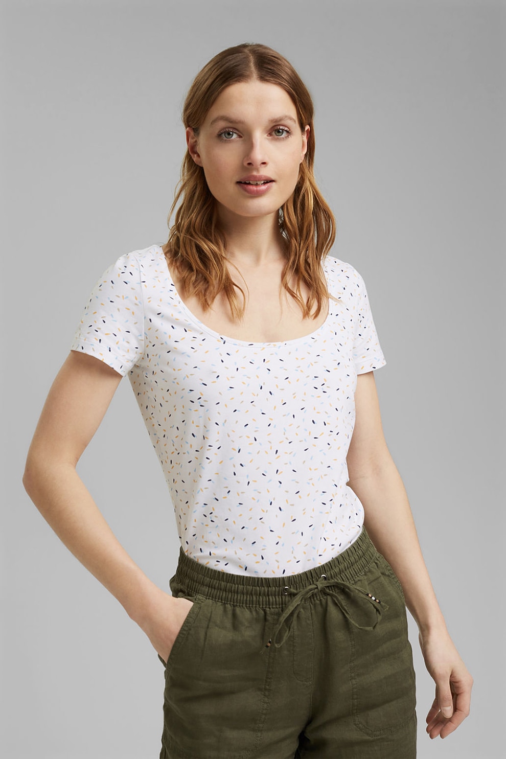 Esprit, Tricou din amestec de bumbac organic cu imprimeu abstract, Alb/Albastru/Oranj