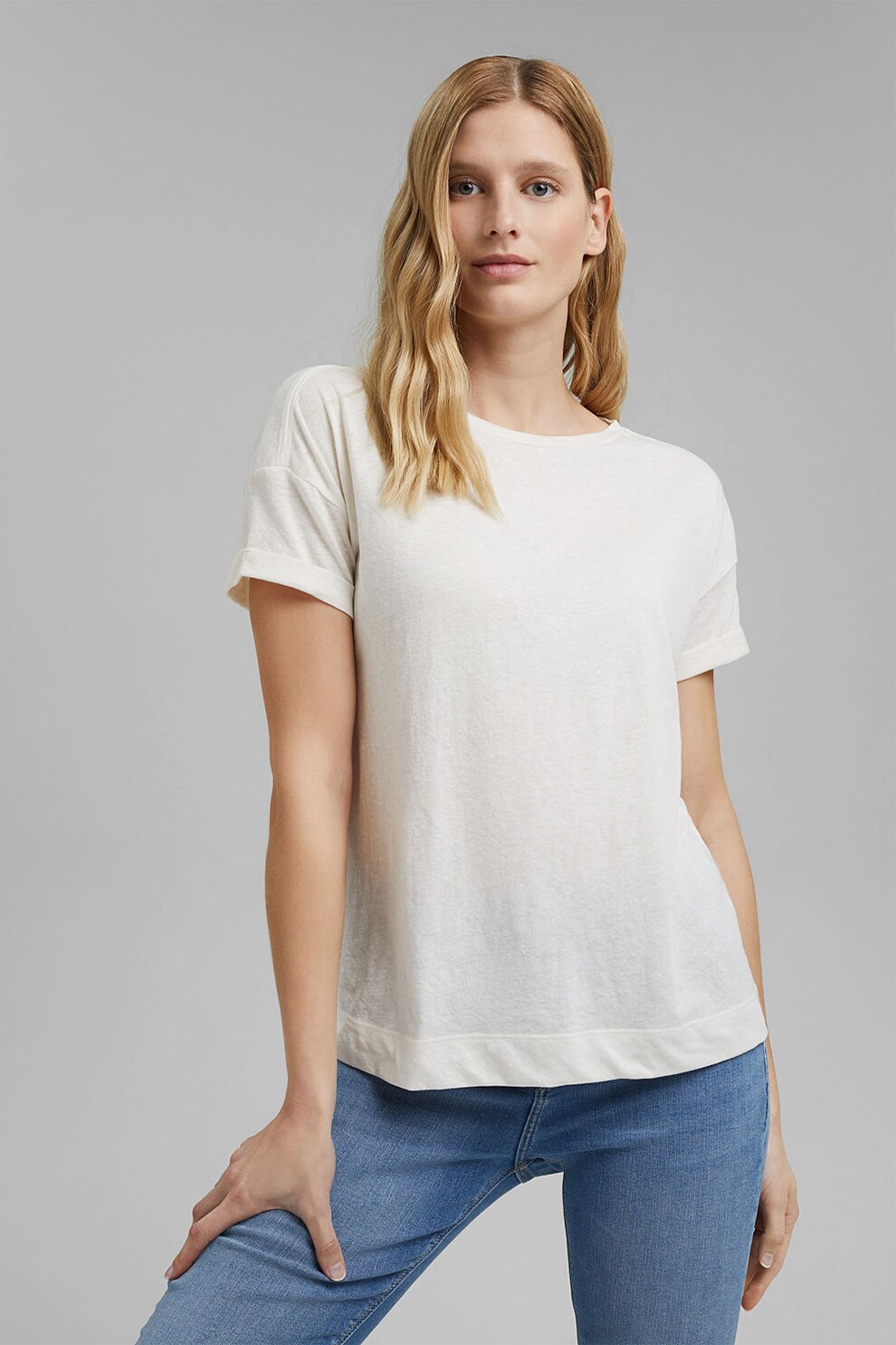 Esprit, Tricou din amestec de bumbac organic, cu maneci cazute, Alb