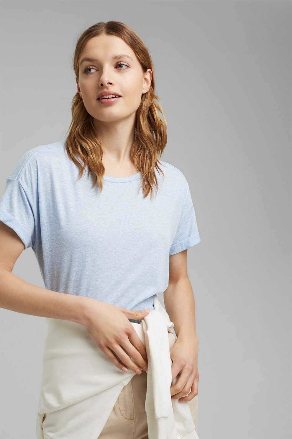 Esprit, Tricou din amestec de bumbac organic, cu maneci cazute, Albastru deschis