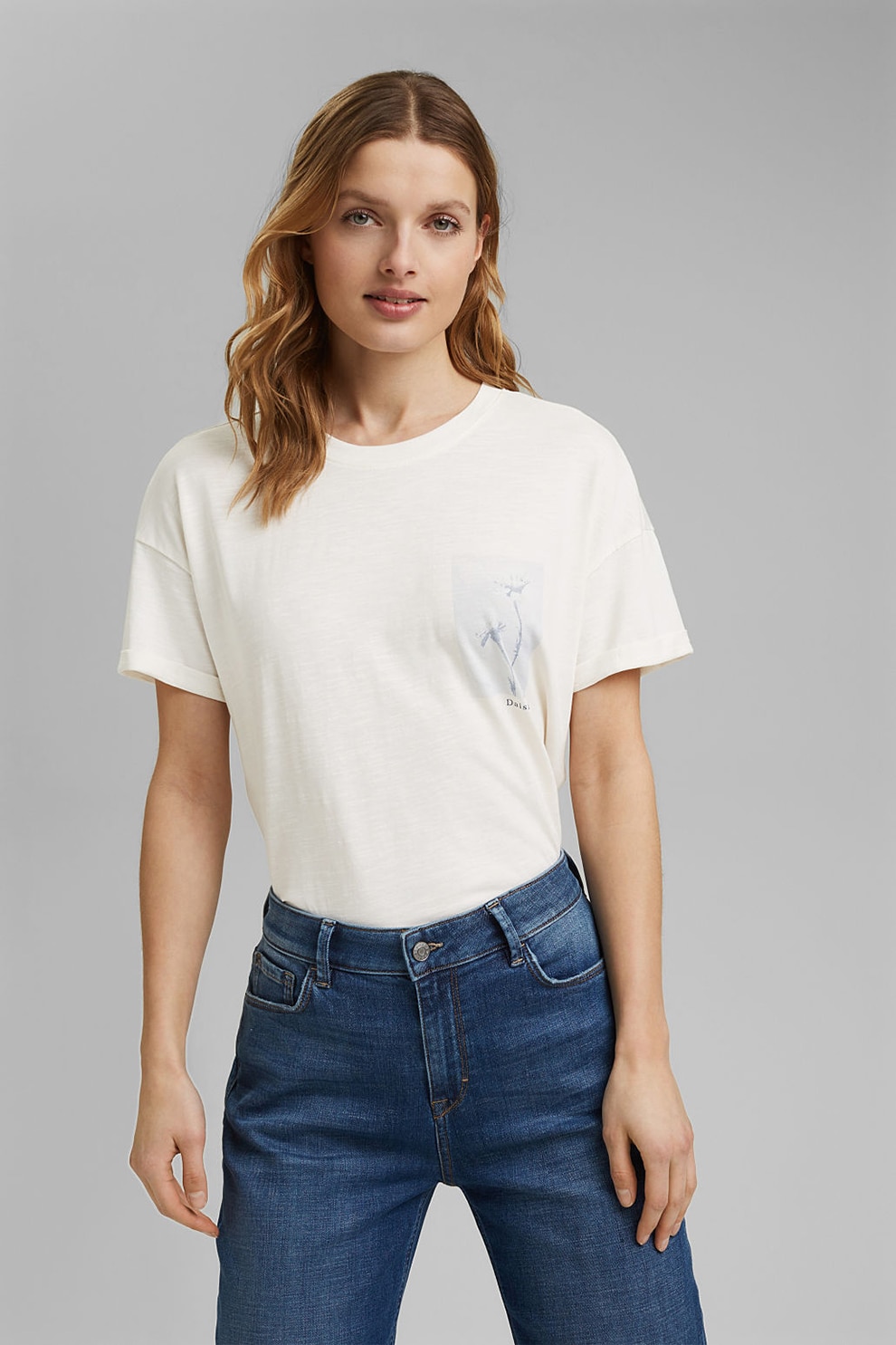 Esprit, Tricou din amestec de modal si bumbac organic cu decolteu la baza gatului, Alb/Albastru